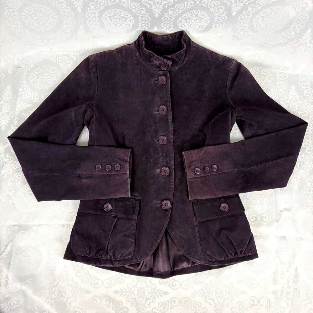Caché Genuine Leather Suede Jacket Fitted Military Lined Purple Whimsygoth Sz 4